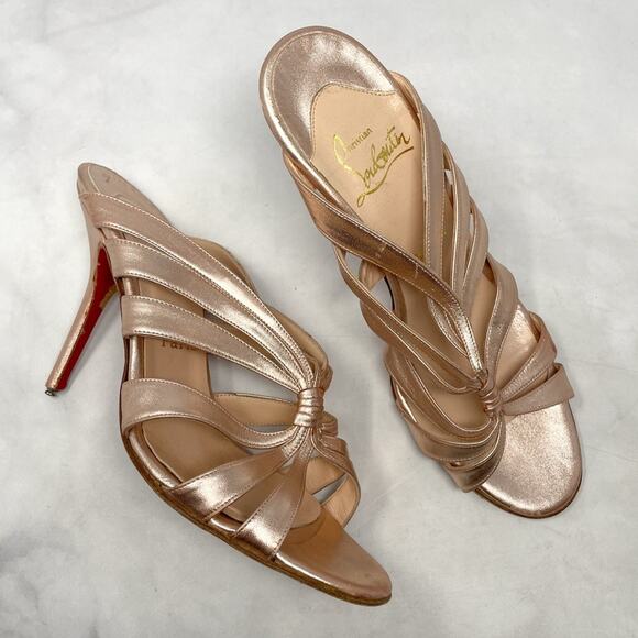 Christian Louboutin Rose Gold Strappy Twist Knot Leather Mule Sandal Heels 39.5 - Picture 1 of 14